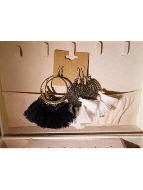 Boho Tassel Hoop Dangle Earring Set - Black, White & Silver